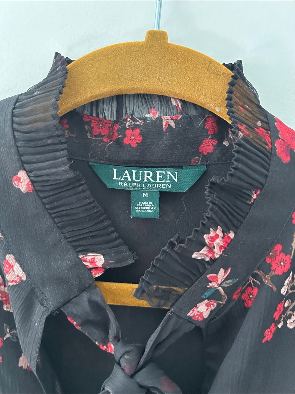 Lauren Ralph Lauren Dark Floral Tie-Neck Chiffon Blouse Dramatic Ruffled Sleeves - Picture 13 of 14